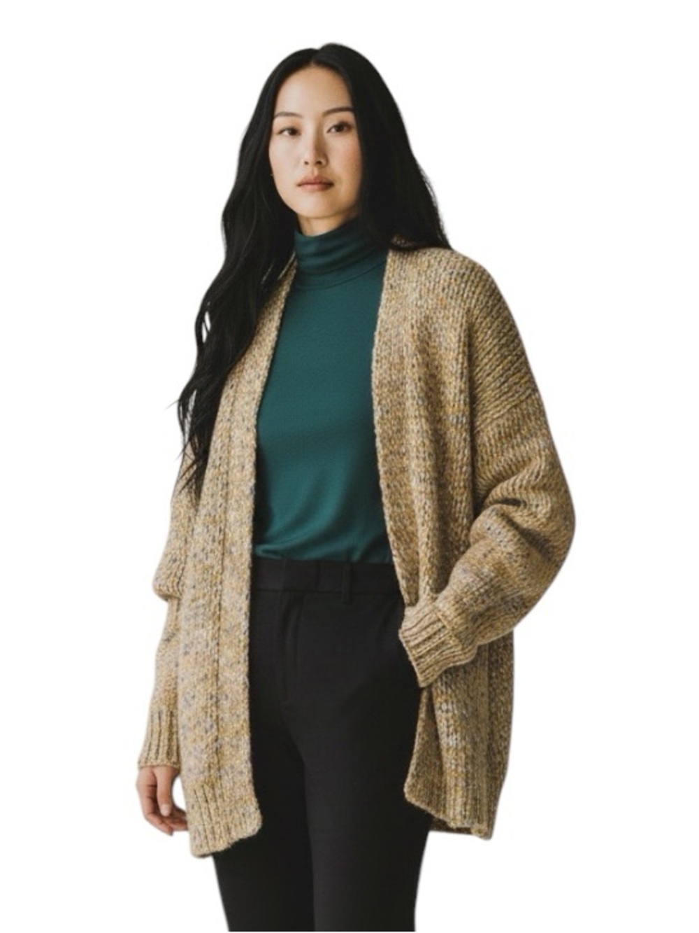 J Jill 2 Piece Turtleneck & Open-Front Chunky Knit Cardigan, Green/Blue, M